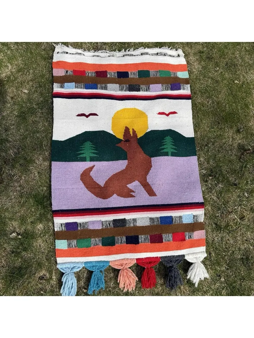 Vintage Oaxaca Mexico Hand Woven Tapestry Textile Rug Blanket Zapotec 30”x47”